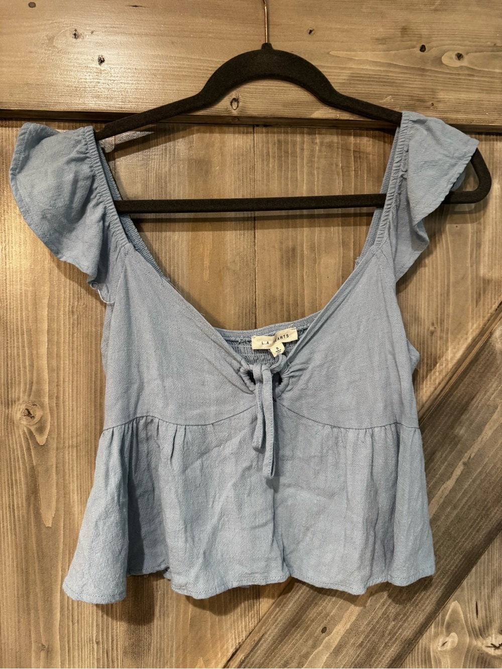 La Hearts Light Blue Tie-Front Flutter Sleeve Crop Top